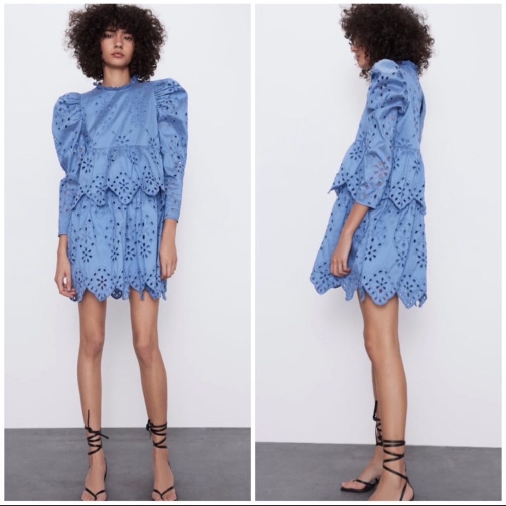 ZARA embroidered blue eyelet dress